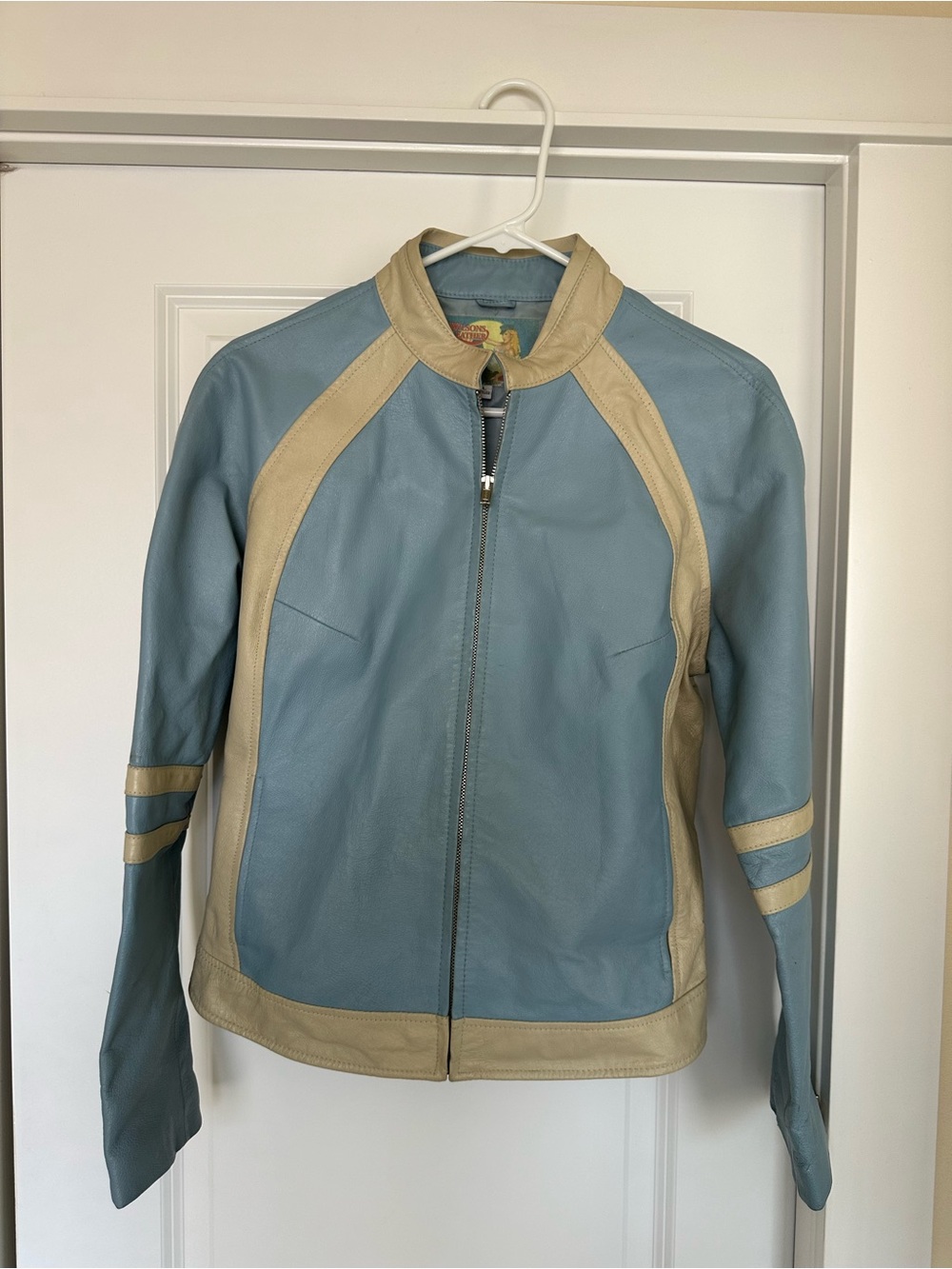 Wilsons Leather Two-Tone Light Blue and Beige Biker Jacket